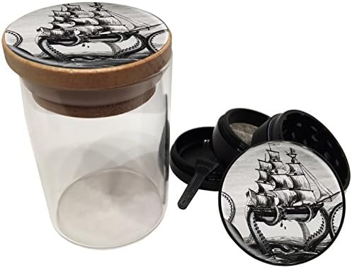 Swagstr Grinders Kraken Grinder and Glass Jar Premium Combo set - Octopus 4 Piece Aerospace Aluminum Metal Grinder 2.0" w/jar 3.5" Tall - Grind &amp; Store Herbs and Spices! (Black Kraken Ship)