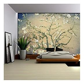 Olive Green with Blue Vignette Almond Blossom by Vincent Van Gogh - Wall Mural, Removable Sticker, Home Decor - 66x96 inches
