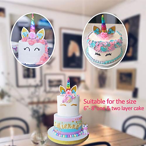 Unicorn Cake Topper Handmade Iridescent Unicorn Horn Ears and Flowers Cake Decor(Rainbow Color) - Thumbnail 3