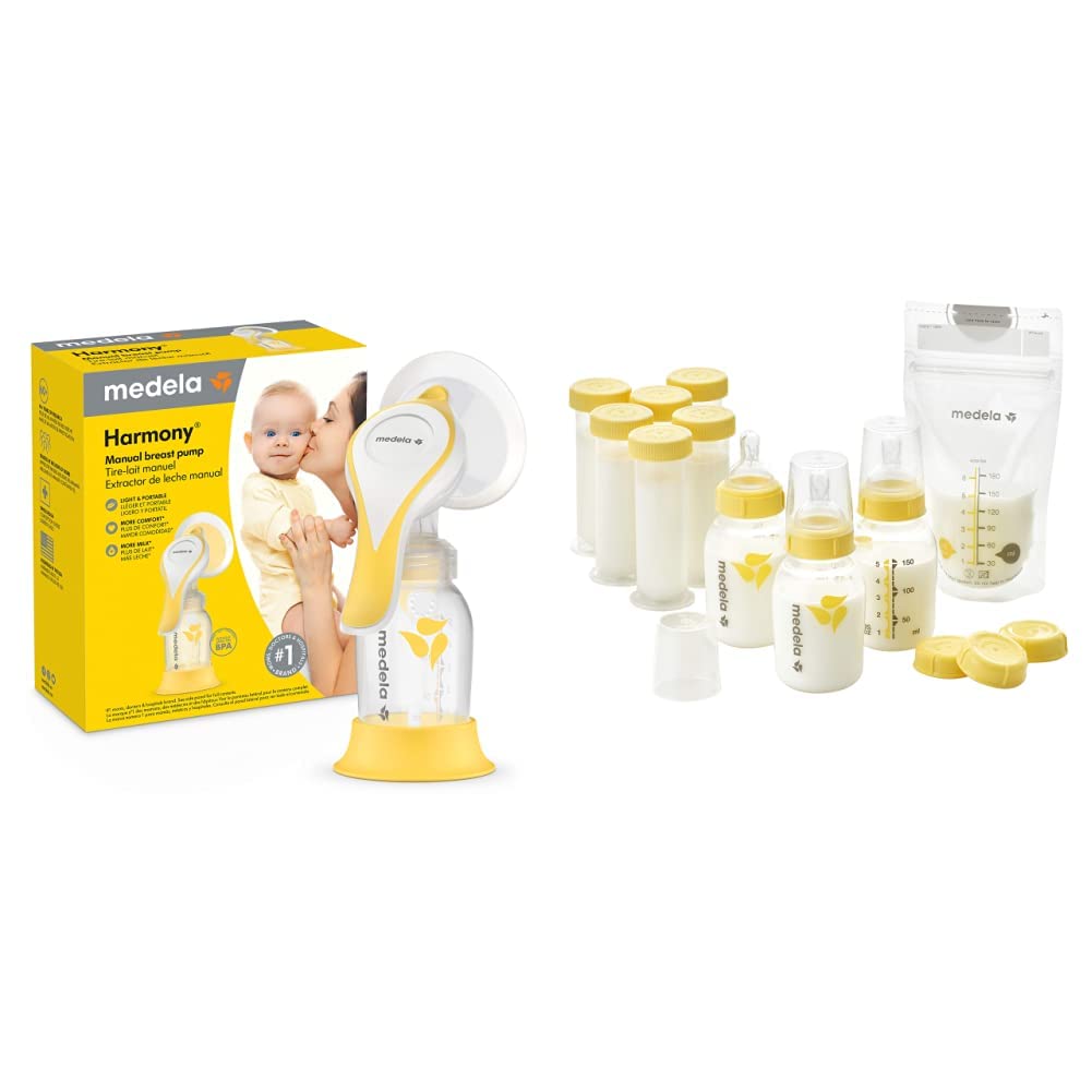 Medela Breastfeeding Gift Set, Breast Milk Storage System; Bottles, Nipples, Travel Caps, Breastmilk Storage Bags and More, Made Without BPA & Manual Breast Pump with Flex Shields Harmony Single Hand