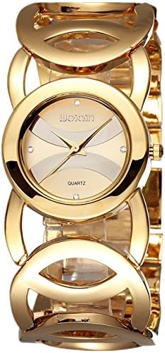 Beautiful and Lovely Gold Wrist Watch with Round-Hollowed Bracelet Stainless Steel Waterproof, Fashion Luxury Dress Bangle Watches for Woman Lady