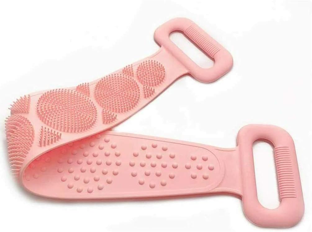Silicone back scrub,Bath Shower Silicone Body Brush Double Side Exfoliating Belt Back Scrubber Belt Wash Clean Dead Skin Remover Tool (Pink)
