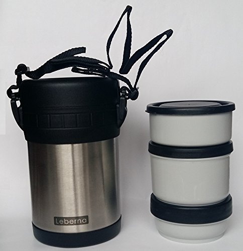 Leberna Stainless Steel Insulated Thermal Double Wall Vacuum Flask Thermos Food Jar 29 oz Wide Mouth Mug Travel Lunch Box Easy Open Lid & Carry Strap 3 Durable Cooker Bowl Cup Hot Cold NOT LIQUID SOUP