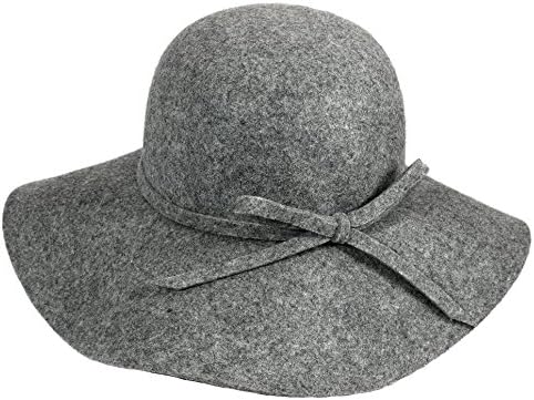Womens Elegant Luxury 100% Wool Floppy Fedora Hat with Bow, Grey
