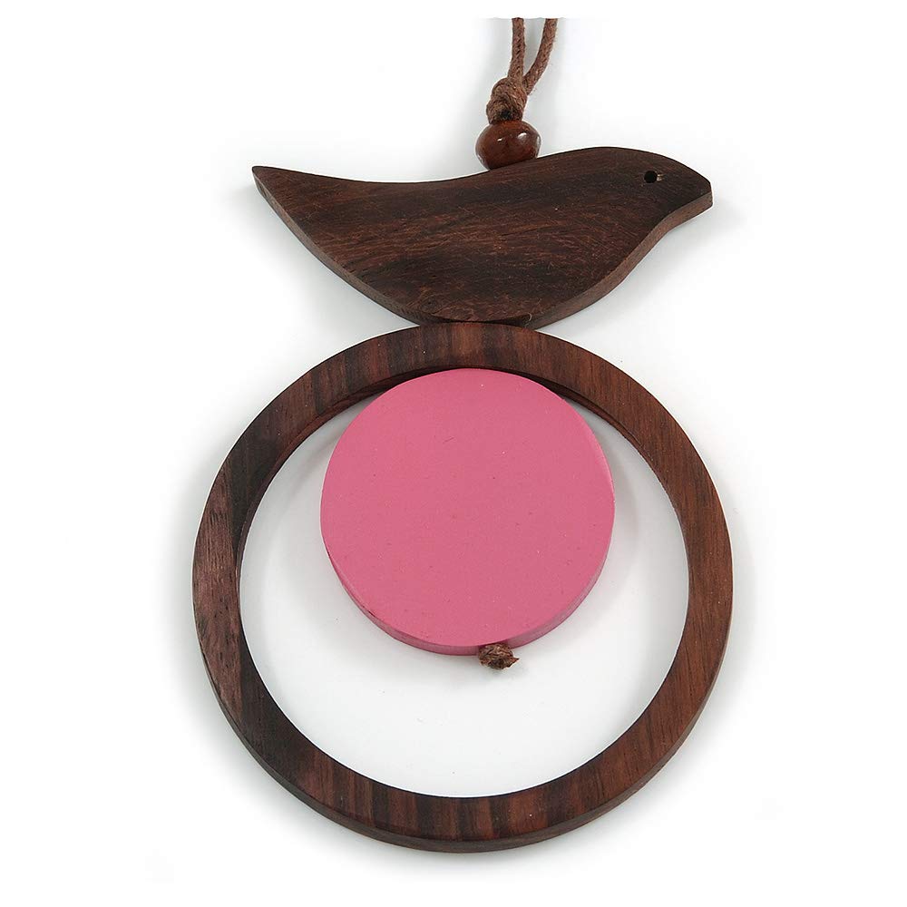 Avalaya Brown/Pink Bird and Circle Wooden Pendant Cotton Cord Long Necklace - 84cm L/ 10cm Pendant