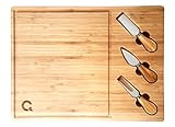 CasaQoqo Large Cheese Board Cutting Set with Knives and Tools. 100% Natural Bamboo. Good for Bread Cutting and Perfect for Gift. 15.5