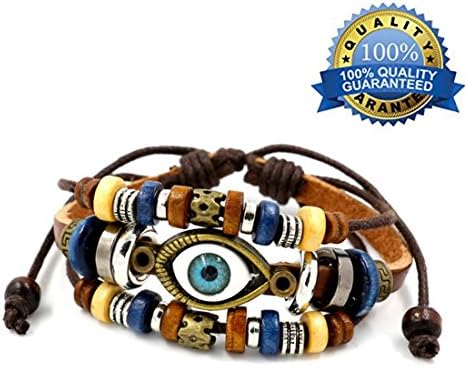 Unisex Mens &amp; Womens Big Eye Sign Beads Multi-Strand Braided Charm Leather Bracelets（Brown）