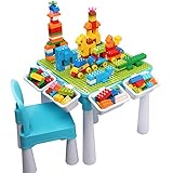 Kids 5-in-1 Multi Activity Table Set - 128 Pieces Large Building Blocks Compatible Bricks Toy, Play Table Includes 1 Chair and Building Block Table with Storage, Green Baseplate Board/Blue Color
