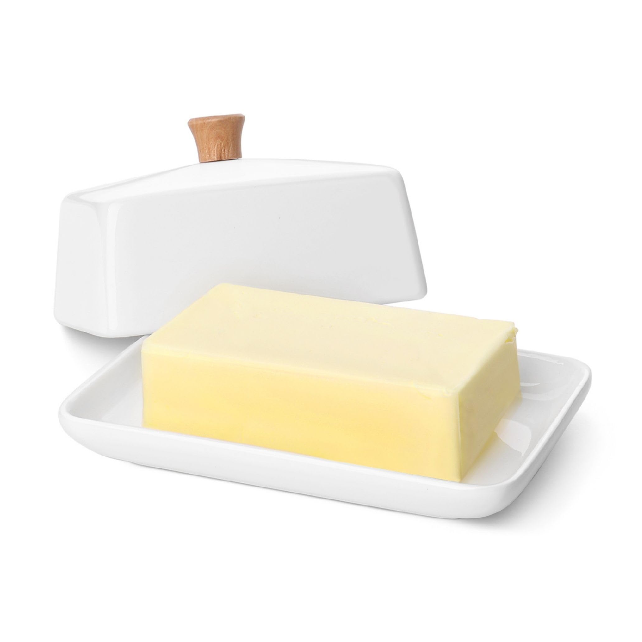 Flexzion Ceramic White European Butter Dish with Lid for Countertop (8 Inch) - Wide 2 Stick Double Butter Holder for Counter, Cream Cheese Container Storage Keeper