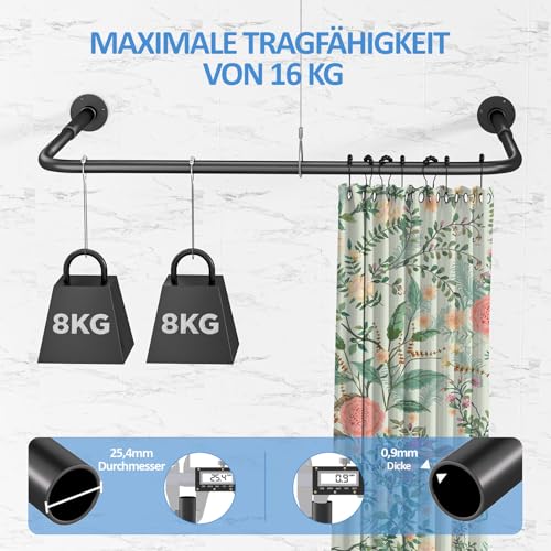 Shower Curtain Rail U Shape/L Shape, [60-92] × [78-196] × [60-92] cm Adjustable Shower Rail Corner with 12 Curtain Rings & Ceiling Support for Bathtub/Bathroom, Drilling Assembly Required, Black