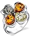 Metal Masters Co. Sterling Silver Baltic Amber Multi Color Clover Leaf Ring, Honey Cognac and Olive Colors 8