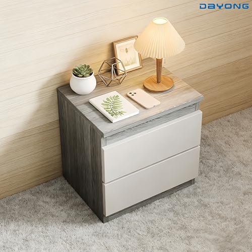 DAYONG Nightstand with 2 Drawers, Simple Bedside Table, Wooden End Table for Living Room, Modern Bedside Cabinet for Bedroom Sofa Side Office. (grey+white)