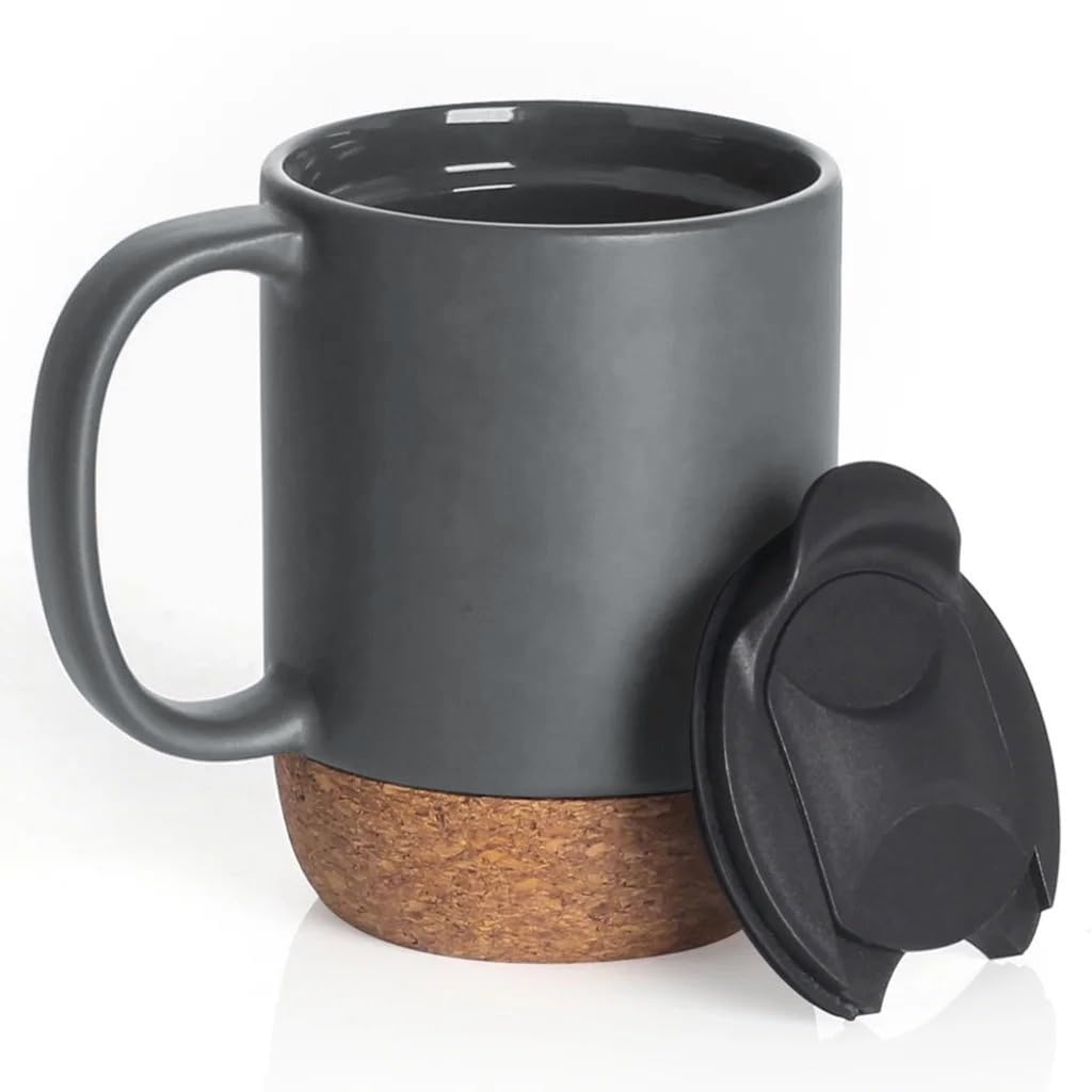 Reusable Ceramic Travel Mug with Handle and Lockable Lid & Heat Proof Cork Base - Spill Proof, Refrigerator Safe, Heat Resistant Coffee Mug - Dark Grey