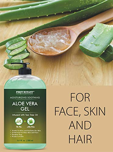 Aloe vera gel from 100 percent Pure Aloe Infused with Tea Tree Oil - Natural Raw Moisturizer for Hand Sanitizing Gel, Skin Care, Hair Care, Sun Burn, Acne & Eczema - 16.9 fl oz (Packaging May Vary)