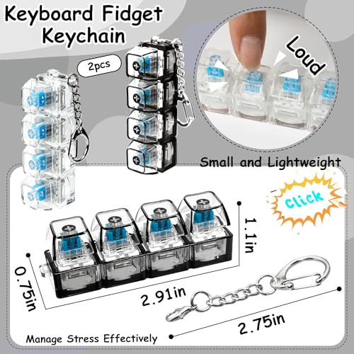 2Pcs Keyboard Fidget Keychain, 4-in-1 Keyboard Decompression Button Finger Clicker Toys, Button Stress Relief Fidget Gift for Office Home Pass Time (Clear Black)