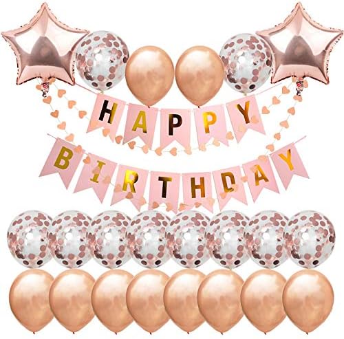 LifeIsArt Rose Gold and Pink Birthday Party Decorations, Balloons Party Decorations Supplies, Happy Birthday Banner, Heart Shaped Garland, Party Balloons, Box Packaged Birth Party Supplies
