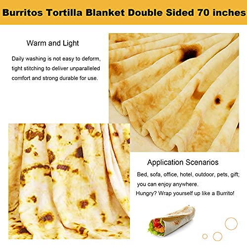 FANOYOL Burrito Tortilla Blanket, Ultra Soft Taco Flannel Throw Blanket, Novelty Round Realistic Food Double Sided Blanket for Adults Kids (70 inches)