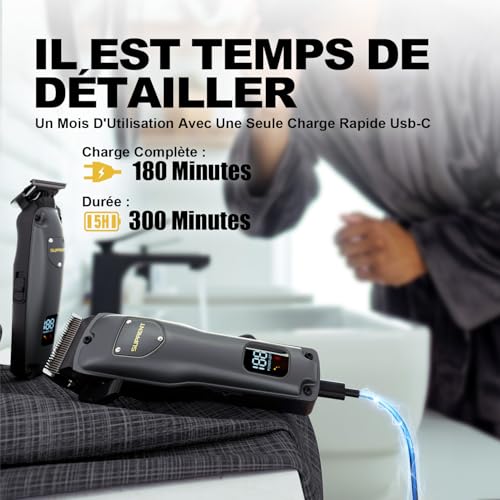 SUPRENT Men's Hair Clipper, Professional Cordless Hair Clipper Set, Hair Clipper and T-Blade Beard Trimmer, Hair Cutting for Men Gift (Grey)