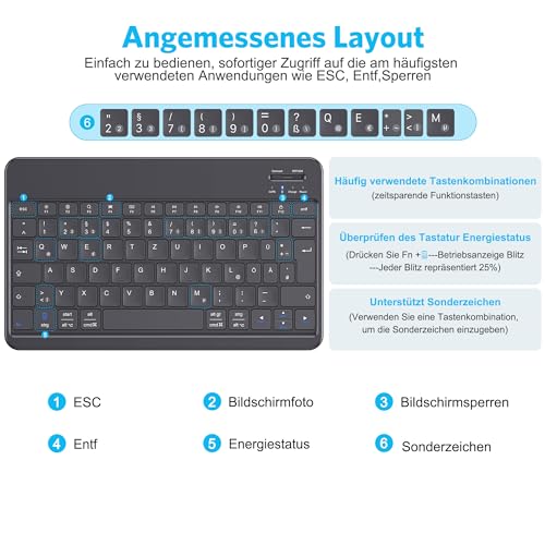 Emetok German Bluetooth Keyboard for iPad Air/Pro/Mini/10.9/10.2/9.7/iPhone/Android, Magnified Keycaps, Rechargeable, QWERTZ, Portable Wireless, Ultra Thin, Black