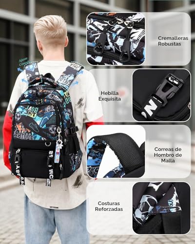Tanou Teenage Boy Backpack, Football School Backpacks for Kids | 12+ years, Large Backpack for College and High School in Nylon, Black/Green