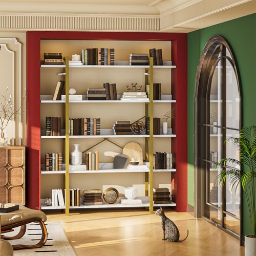 SIMPLE ESPACIO Librero 5 Nivele,Librero Organizador,para Sala/Estudio/Cocina,Estilo Contemporáneo,Estructura Madera y Metal, Tamaño: 170 * 120 * 24 CM, Cada Capa Puede soportar 15 KG. (Mármol+Blanco)