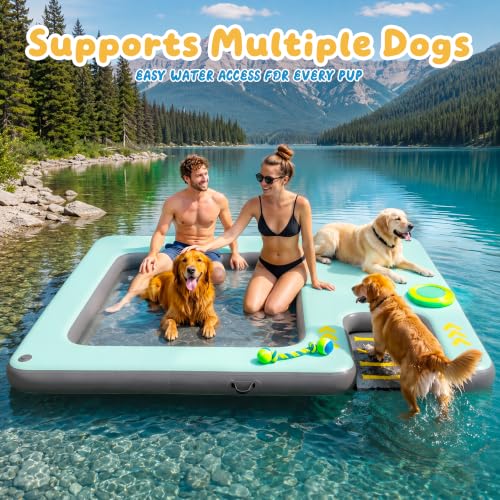 Inflatable Floating Dock with Dog Ramp, Large Floating Island Platform for Adults and Pets, Mesh Water Hammock with Non-Slip Steps, Heavy-Duty Floating Dock for Lake, Pool, River and Ocean