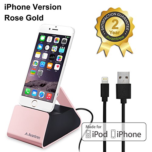 Avantree Aluminum iPhone Charging Dock with Lightning Cable [Apple MFi Certified], USB Data Sync & Charger Stand Cradle for iPhone 7, 6 plus, 6, 5, iPod Touch 6th - Rose Gold [2 Year Warranty]