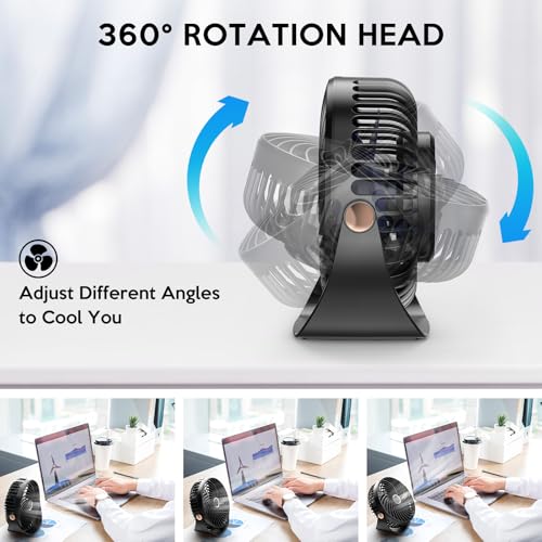 Fashioz Mini Desk Fan, USB Table Fan with 5 Speeds Strong Airflow,Cooling Portable & Ultra-Quiet, Desktop 360°Rotatable Head and Charging for Home Office Bedroom Library Summer Gift (black)