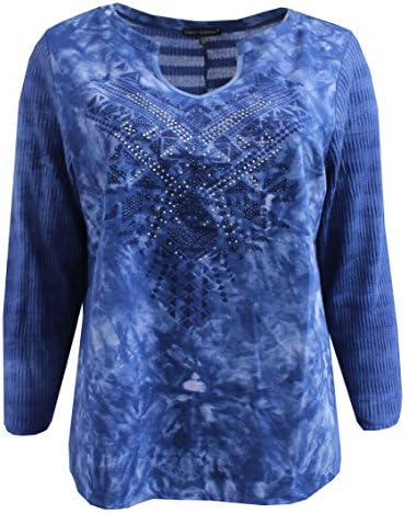 Women's Plus Size - Tie-Dye Blouse Round Neck Tee, T-Shirt, Long Sleeve, By Simply Elegant Clothing (3X, Dark Blue)