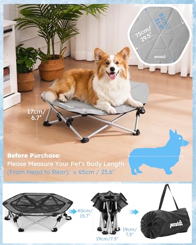 Pecute Cama Elevada para Perros Medianos y Pequeños, Resistente Sin Montaje con Colchoneta Refrescante, Plegable para Interior y Camping, Tamaño L, Soporta hasta 60kg, Gris