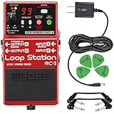 Boss RC-3 Loop Station Stereo Recorder Pedal -INCLUDES- Blucoil Power Supply Slim AC/DC Adapter for 9 Volt DC 670mA, 4 Pack of Guitar Picks AND 2 Hosa 6-inch Molded Right-Angle Patch Cables