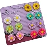 Princess-J Color Daisy Flower Magnetic Clip On Stud Earrings, Pack of 7 Pairs