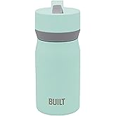 BUILT Cascade Double Wall Vacuum Insulated Stainless Steel Wide Mouth Water Bottle with Comfort Grip and Straw Lid and Carry Handle, 12 Ounces