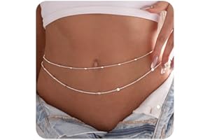 MIDEEO 2PCS 14K Silver Plated Waist Chain Pearl Belly Body Chain for Sexy Bikini Layered Adjustable Jewelry for Women