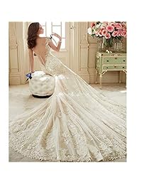 DingDin  Tul V-Cuello Sin Espalda Sirena Vestido de Novia de Tren de Corte Larga Apliques de Encaje Vestidos de Novia