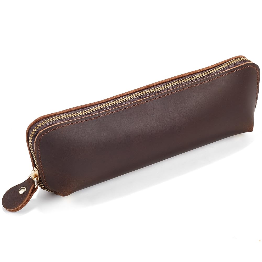 GORGECRAFT Genuine Leather Pen and Pencil Case Large Capacity Crazy Horse Zippered Pen Pouch Coconut Brown Portable Rectangle Leather Pen Bags with Zipper for Men and Women Office Supplies Pen Case