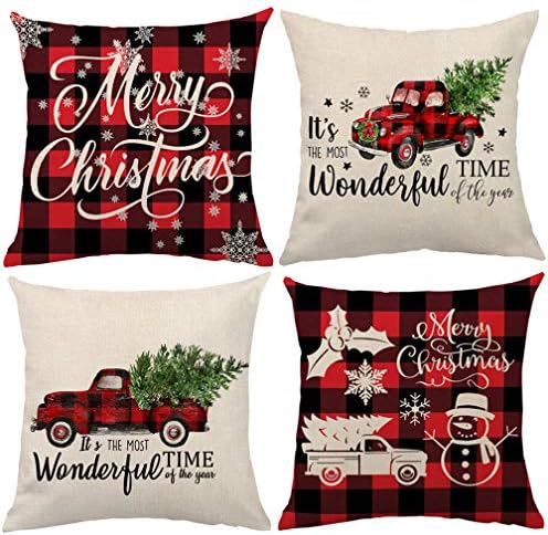 ULOVE LOVE YOURSELF Christmas Decorations Square Pillow Case Decorative Throw Cushion Cover Sets Red Buffalo Plaids Farmhouse Decorative Cushion Pillow Cover 18x18 Inches,Set of 4