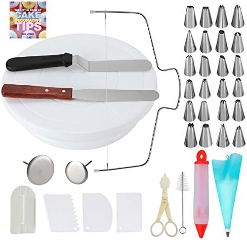 Cake Decorating Set with Decorating Tips Book. Includes Nonslide Turntable,24 nozzles,Cutter,Pastry Bag,2 Spatula,3 Scraper,Smoother, Cleaning Brush,Syringe,Flower Nail&Lifter