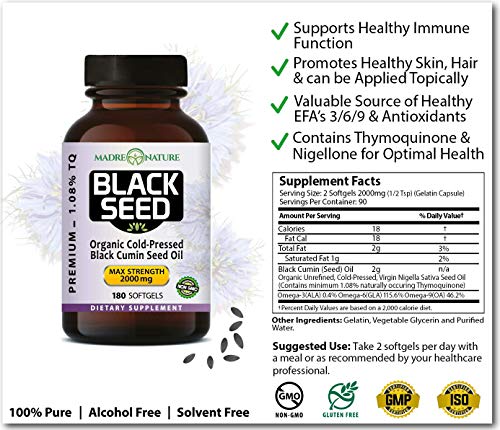Organic Black Seed Oil 2000mg - 180 Softgel Capsules (Non-GMO) Premium Cold-Pressed Nigella Sativa - Black Cumin Seed Oil with Omega 3, 6, 9 - Darkest, Highest TQ Content