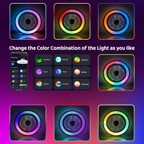 WUTGHUI RGB Ceiling Fan with Light - APP & Remote Dual Control, 20 Inch Low Profile Ceiling Fan 6 Speeds 3000-6000K Dimmable for Bedroom