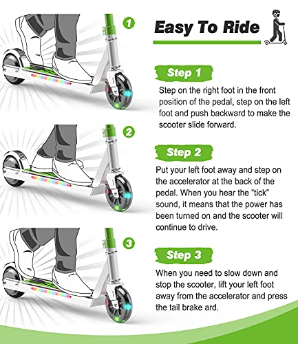 MEGAWHEELS Electric Scooter for Kids, Kids Electric Scooter with LED Front Wheel and LED Side Light, Up to 5 Miles and 7.5mph, Kids Kick Scooter for Boys, Girls(Green)