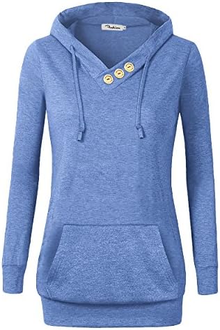 ZHANUS Women's Long Sleeve Button V-Neck Pockets Sweatshirts Pullover Hoodies Light Blue XXX-Large