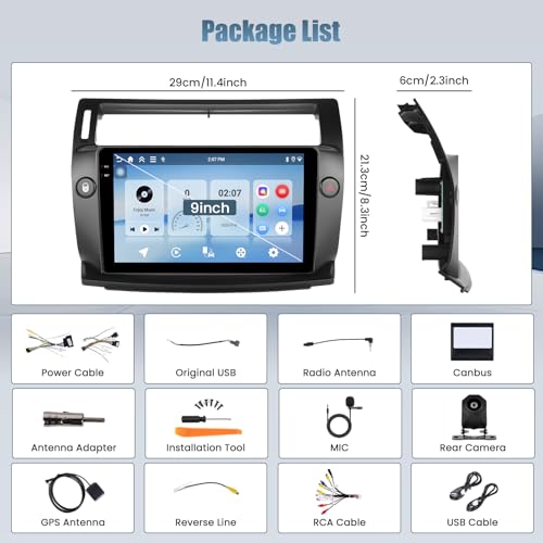 4G+64G Android 15 Car Radio for Citroen C4 2004-2009 Wireless Carplay Android Auto Roinvou, 9'' Incell Touch Screen Radio with Mirror Link GPS Bluetooth FM RDS WiFi EQ SWC Backup Camera