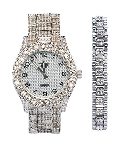 Silver CZ Watch with Big Diamonds & Studded Silver Bracelet | Japanese Movement | Men's Fashion | 2-Piece Gift Set with Box