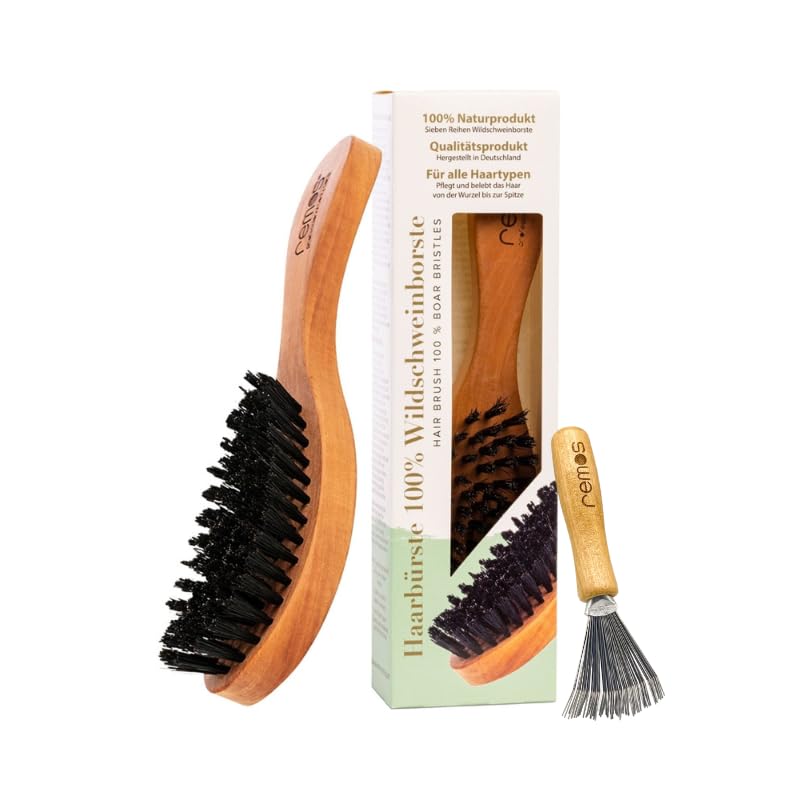 REMOS Hairbrush with wild boar bristles made of local pear wood - wide handle