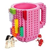 Triumphic Build-on Brick Mugs,with 3 packs of Blocks,Latest Version,Creative DIY Building Blocks Cups for Coffee Water Juice,BPA-free Plastic,Unique Funny Cups,Puzzle Mug,Novelty Gifts for Kids,Pink