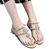 Haoricu Clearance Bohemia Beaded Womens Summer Sandals Flat Crystal Shining Rhinestones Chain Slipper T-strap Comfortable Shoes Larger Size 36~47