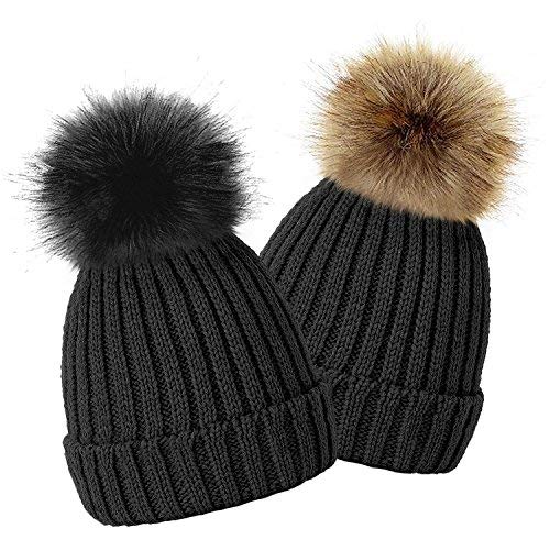 TOSKATOK® Kids Girls Winter Beanie Bobble Hat with Detachable Changeable Faux Fur Pom Pom-Black