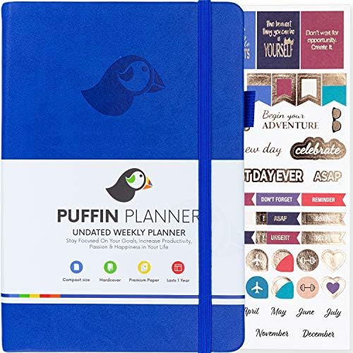Puffin Planner - Simple and Customizable Weekly Planner, Organizer and Gratitude Journal To Crush Your Goals in 2019 - Lasts 1 Year - Undated - Bonus Stickers and User Manual Included (Blue)
