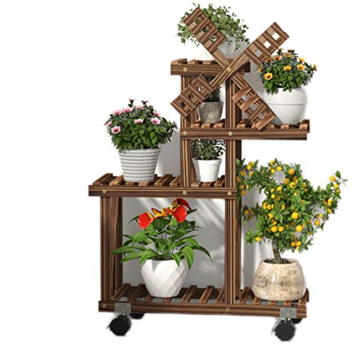 RomanticDesign 4 Tiers Wooden Plant Stand,Flower Pot Plant Holder Display Rack with Wheel,Windmill Flower Storage Rack for Home Garden Patio
